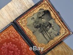 ANTIQUE TIN TYPE CIVIL WAR Photo Two Union Soldiers in Camp US Belt