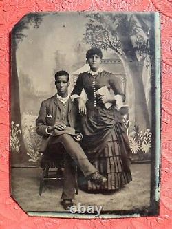 African American Tintype 1/6 Plate Young Black Couple Woman Dress Man Hat 1800's
