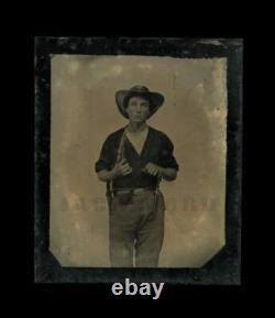 Amazing Armed Civil War Soldier Holding Knife! 1/6 Tintype Photo Neff's Patent