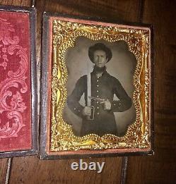 Ambrotype Photo Armed Confederate Civil War Soldier Bowie Knife Tinted Gun 1860s