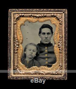 Ambrotype Photo Civil War Soldier & Son Star Shaped Button Pocket in Jacket