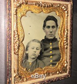 Ambrotype Photo Civil War Soldier & Son Star Shaped Button Pocket in Jacket