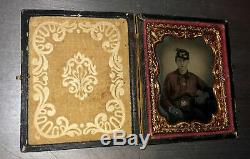 Ambrotype Photo Young Confederate Civil War Soldier Red Battle Shirt & Feather