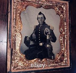 Antique 1860s Ambrotype Photo Of Armed Civil War Soldier Holding Painted Sword