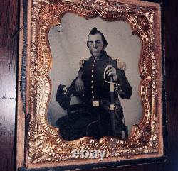 Antique 1860s Ambrotype Photo Of Armed Civil War Soldier Holding Painted Sword