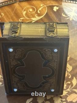 Antique 1860s Civil War Tooled Leather Photo Album Gold Leaf Brass Clasps