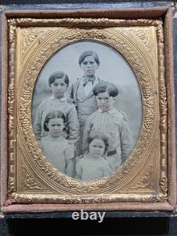 Antique 1860s Tintype 1/6 Plate Family of 5 Children Cased Photo Civil War Era