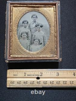 Antique 1860s Tintype 1/6 Plate Family of 5 Children Cased Photo Civil War Era