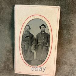 Antique 1860s civil war era photograph tin type with paper frame two men in coat