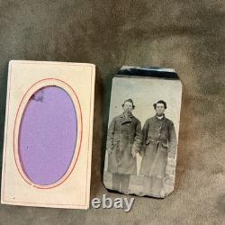 Antique 1860s civil war era photograph tin type with paper frame two men in coat
