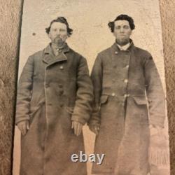 Antique 1860s civil war era photograph tin type with paper frame two men in coat