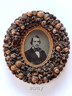 Antique 19thC Rare Folk Art Acorn Frame Civil War or Earlier Daguerreotype Photo