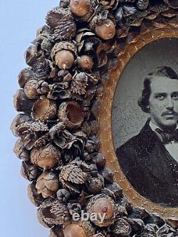 Antique 19thC Rare Folk Art Acorn Frame Civil War or Earlier Daguerreotype Photo