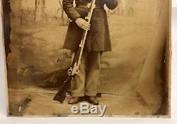 Antique 19thc Civil War Soldier Musket Rifle Painted Backdrop Photo