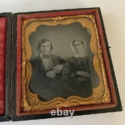 Antique 1/6 Plate Cased Ambrotype Couple Man Woman Patriotic Frame Civil War Era