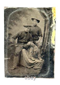 Antique 1/6th Plate Tintype Photo Spanish American Civil War Soldiers PAIR