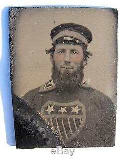 Antique American Flag Shield CIVIL War Era Zouave Fireman Rare Tintype Photo
