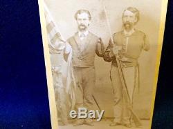 Antique CDV Photograph 2 Civil War Soldier Both with Arm Amputee Gun Flag
