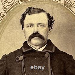 Antique CDV Photograph Man Mustache Working Class Pea Coat Hat Civil War Era