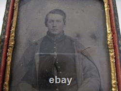 Antique CIVIL War Tin Type Soldier In Half A Gutta Purcha Frame