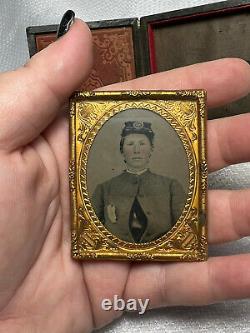 Antique Civil War Confederate Cadet Kepi Daguerreotype / Ambrotype Leather Case