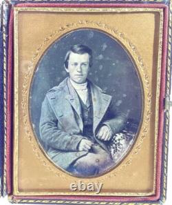 Antique Civil War Daguerreotype Photo 1/6 Case Mother Of Pearl Written Note