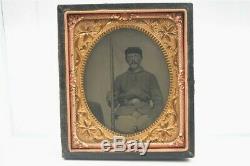 Antique Civil War Era Photo 1/6 Tintype Soldier Sergeant Sitting with His rifle