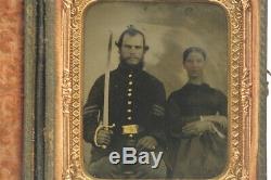 Antique Civil War Era Photo 1/6 Tintype Soldier Sergeant Sitting with Sword & Wife