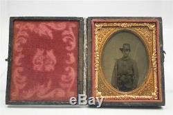 Antique Civil War Era Photo 1/9 Ambrotype Soldier in Hardy Hat with Rifle