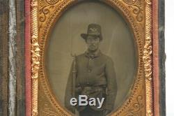Antique Civil War Era Photo 1/9 Ambrotype Soldier in Hardy Hat with Rifle
