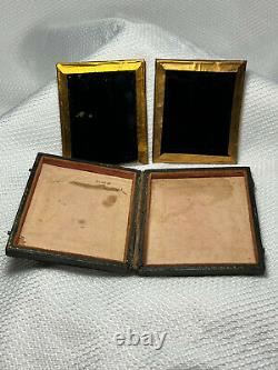 Antique Civil War Era Seated Couple Siblings Man /Woman Ambrotype Leather Case
