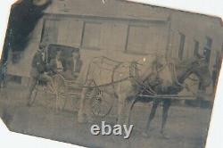 Antique Civil War Era Tintype Victorian American Frontier Horse & Buggy Photo