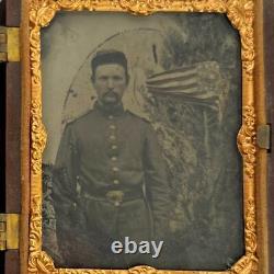 Antique Civil War New York Union Soldier +Flag Ninth Plate Tintype Photo in Case