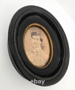 Antique Civil War Photograph Soldier In miniature 4 antique Oval Wooden Frame