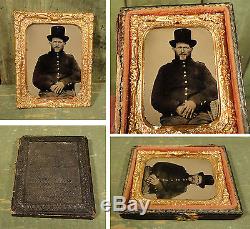 Antique Civil War Soldier Wearing Top Hat, Jacket Ambrotype Photograph
