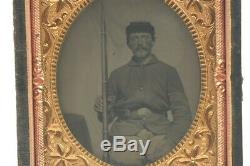 Antique Civil War Tintype Photo 1/6 Soldier Sergeant Sitting Armed with Rifle