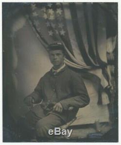 Antique Civil War Tintype Photo Young Soldier with Flag in Patriarch Union Case