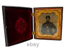 Antique Civil War Union Soldier 6th Plate Embellished Tintype +Gutta Percha Case