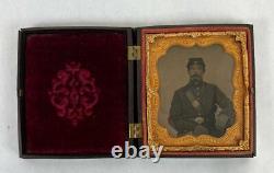 Antique Civil War Union Soldier 6th Plate Embellished Tintype +Gutta Percha Case