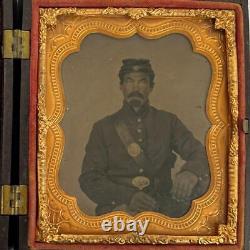 Antique Civil War Union Soldier 6th Plate Embellished Tintype +Gutta Percha Case