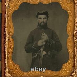 Antique Civil War Union Soldier Musket Tinted 6th Plate Tintype Photograph +Case