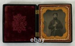 Antique Civil War Union Soldier Musket Tinted 6th Plate Tintype Photograph +Case