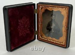 Antique Civil War Union Soldier Musket Tinted 6th Plate Tintype Photograph +Case