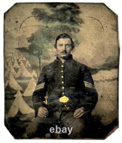Antique Civil War Union Soldier in uniform Tent Camp tintype photo gold paint