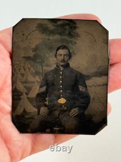 Antique Civil War Union Soldier in uniform Tent Camp tintype photo gold paint