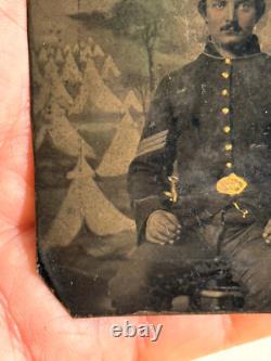Antique Civil War Union Soldier in uniform Tent Camp tintype photo gold paint