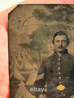 Antique Civil War Union Soldier in uniform Tent Camp tintype photo gold paint