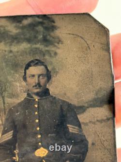 Antique Civil War Union Soldier in uniform Tent Camp tintype photo gold paint