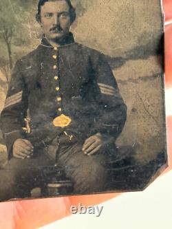 Antique Civil War Union Soldier in uniform Tent Camp tintype photo gold paint