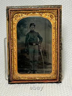 Antique Civil War Union Solider Calvary With Sabre Sword Daguerreotype 1/8th Plate